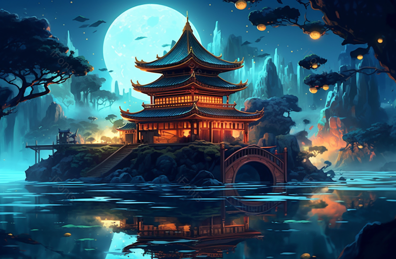 中国风山水凉亭亭台楼阁满月夜空下宁静的湖面插画,插画/手绘图,插画/手绘图库,插画/手绘图下载,插画/手绘